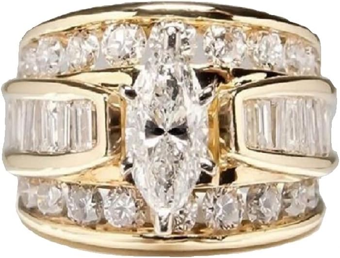 Hsitgexf Wedding Ring Set for Women 14K Gold Plated Marquise Cut CZ Engagement Rings Bridal Set Anniversary Promise Wideband Rings for Her - Image 1